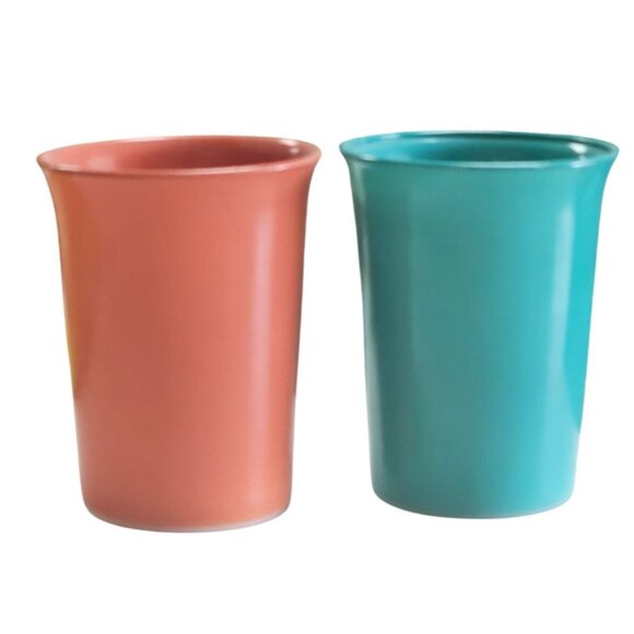 Vintage Hazel Atlas Platonite Tumblers Cups Coral & Teal 9 oz - Picture 1 of 13